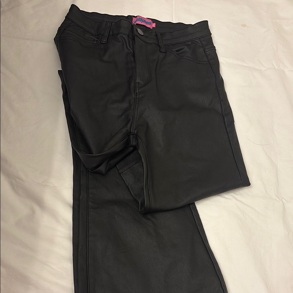 edickted black leather wide leg jeans
